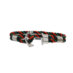 Three-color braided nautical rope bracelet with silver metal anchor clasp fastener