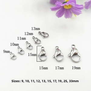 Size comparison of silver stainless steel lobster clasps from 9mm to 33mm for jewelry