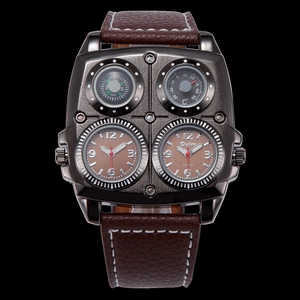 Macro shot of Oulm dual time zone dial with compass and thermometer decoration