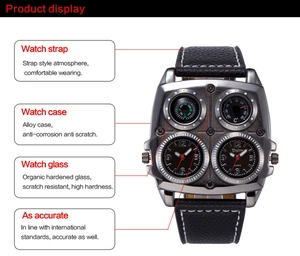 Detailed diagram of dual timezone quartz watch with built-in compass and thermometer