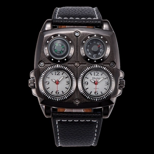 Macro shot of dual time zone quartz watch featuring compass and thermometer details