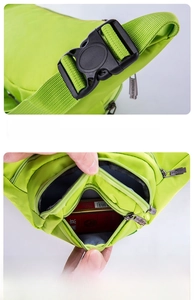Detail of durable plastic buckle and front zipper pocket on neon green waist bag