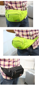 Detail view of neon green and black oxford fanny packs with adjustable belts and pockets