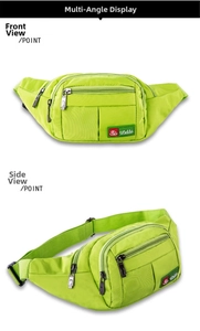 Front and side view of neon green oxford fabric sports waist bag with zipper details