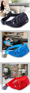 Three-panel view of multi-pocket oxford fabric waist bag in black, blue and red colors