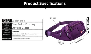 Detailed dimension chart showing purple oxford fabric waist bag size 22x12x8cm