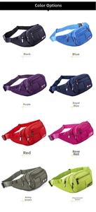 Matrix view of water-resistant nylon waist bags in eight assorted vibrant colors