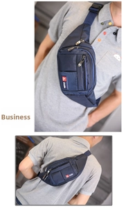 Detail of navy blue nylon fanny pack showing multiple zipper pockets and adjustable buckle strap