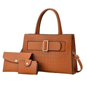Three-piece brown stone pattern tote bag set with crossbody strap and gold metal hardware