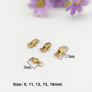 Macro detail of 18K gold plated lobster clasps in 9mm to 18mm sizes for DIY jewelry