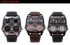 Multiple styles of Oulm dual time zone men's watches with leather straps and compass features
