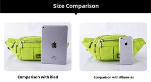 Detailed size comparison of the neon green waterproof waist bag with iPad and iPhone