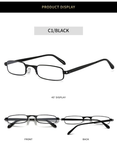 Detail view of lightweight black rectangular metal reading glasses with thin frames