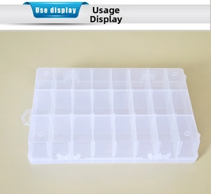 Close-up of 24 compartment transparent plastic storage box with secure snap lids