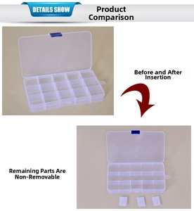 Detail of adjustable transparent jewelry box showing removable dividers and blue latches