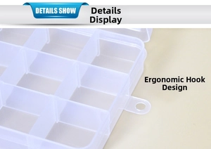 Close-up of clear plastic storage box with multi-grid dividers and side hanging hook