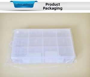 Detail view of 15-compartment clear plastic organizer box with snap-lock closures