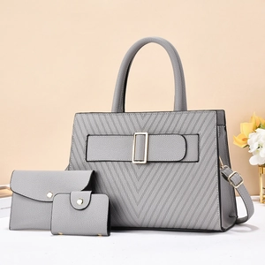 Graues 3-teiliges Taschen-Set mit V-Steppung aus Kunstleder inklusive Shopper und Clutch