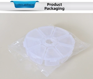 Detailed view of round 7-compartment clear plastic organizer with individual snap lids