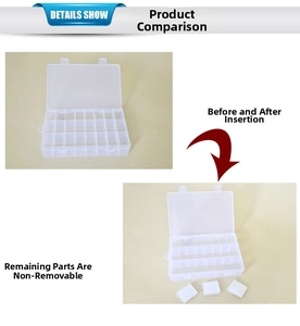 Detailed view of clear storage box showing adjustable compartments with removable dividers