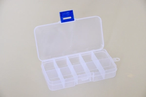 Detail view of transparent plastic storage box with 10 compartments and blue buckle closure