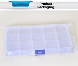 Detailed view of clear plastic storage box with 15 compartments and secure blue latches