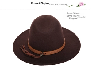 Detail view of dark coffee wool fedora hat featuring a snake embossed band and leather tassel