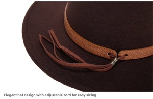 Detail of wool fedora with snake print band and adjustable drawstring for custom fit