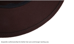 Detail of dark brown wool fedora showing edge stitching and inner black sweatband