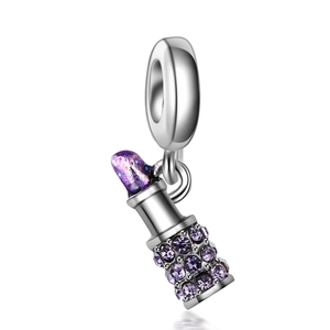 Lipstick pendant charm with purple glitter and rhinestones in polished silver finish