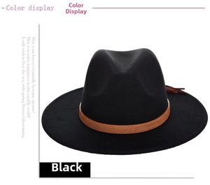 Detailed view of black wide brim fedora hat featuring a brown snakeskin pattern band