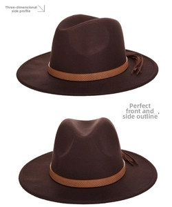 Detail view of dark brown wool fedora hat featuring leather band and side tassel ornament