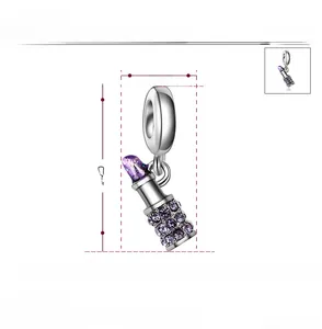 Detailed view of silver lipstick charm with purple crystals for DIY jewelry bracelets