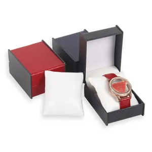 Premium PU leather watch gift boxes in red, blue, and black with flip lids and white pillows