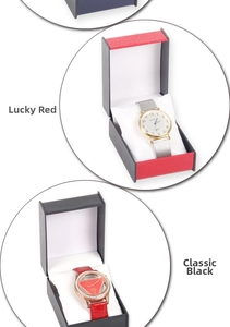 Detail view of red and black PU leather watch gift boxes with mesh and leather strap watches
