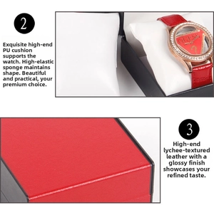 Detail of red litchi grain leather watch box with a white PU leather display pillow