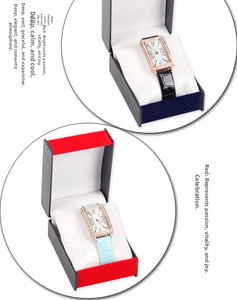 Detail view of quartz watch gift sets with leather straps and rhinestone rose gold cases