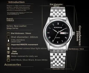 Détails des dimensions de la montre en acier avec cadran noir 40mm et double calendrier