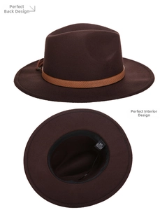 Detailed view of dark brown fedora hat back and interior label with size 57 mark
