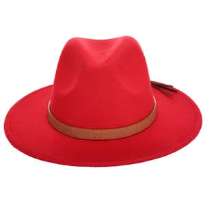 Classic red fedora wool hat for women with a brown snakeskin pattern band decoration