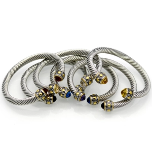 Stainless Steel Cable Cuff Bangle Twisted Wire Bracelet With Colorful Rhinestone Ends Open Adjustable Jewelry Unisex