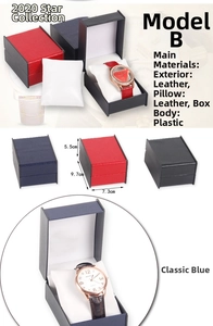 Detail view of colorful PU leather watch storage boxes with product dimensions