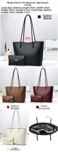 Detail of minimalist PU leather tote and envelope clutch set with dimensions and colors