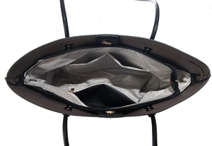 Interior view of black tote bag showing herringbone lining and multiple storage pockets