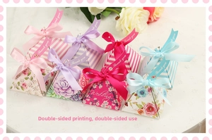 Pyramid wedding favor boxes with Thank You ribbons featuring double-sided floral printing