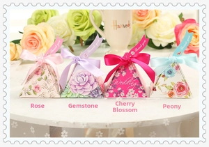 Set of four pyramid floral candy boxes with satin ribbons and thank you gift tags