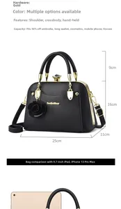 Detail view of a black leather handbag with gold hardware and size chart for dimensions