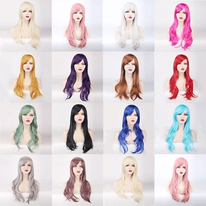 Pelucas cosplay largas onduladas con flequillo en 16 colores incluyendo rosa morado y oro