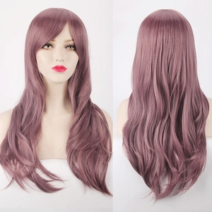 Vista frontal y trasera de la peluca de cosplay ondulada gris púrpura de 70 cm