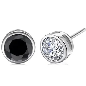 925 Sterling Silver Stud Earrings Round Cubic Zirconia Bezel Setting Minimalist Unisex For Men And Women